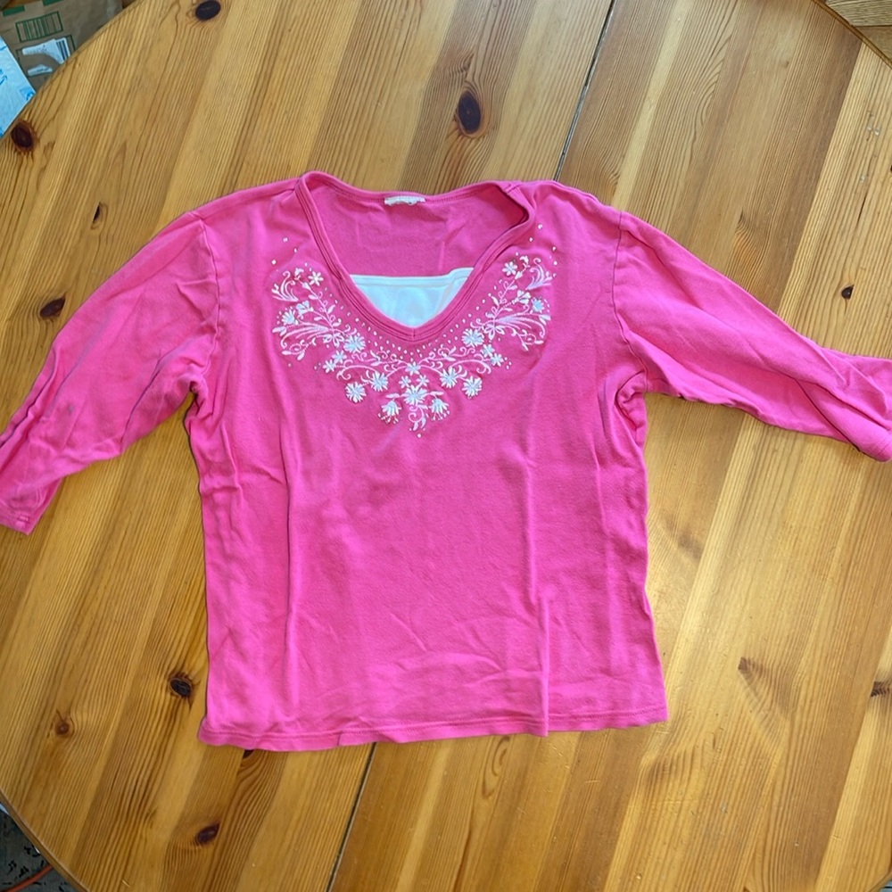 Vintage Blair Size Large Pink Bedazzled Floral Quarter Sleeve Tee Shirt